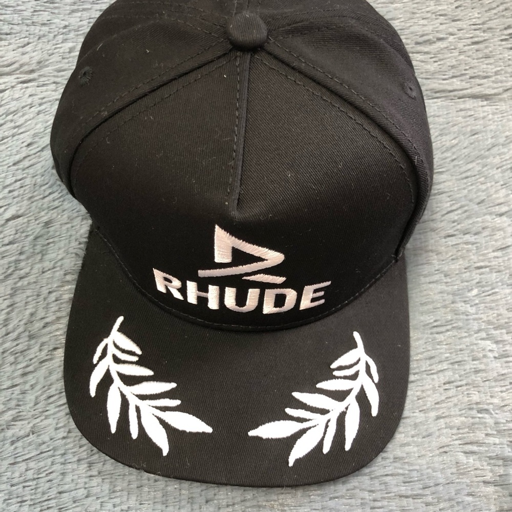Rhude Black Hat with White Leaf Design